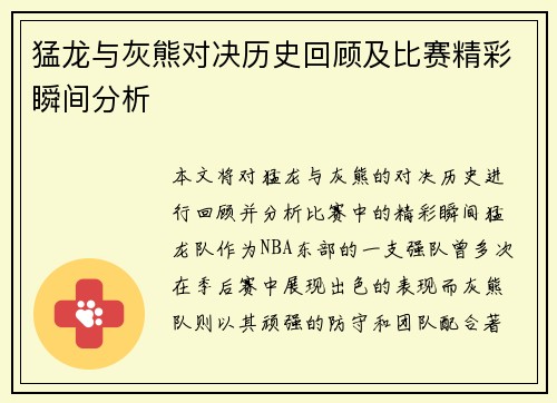 猛龙与灰熊对决历史回顾及比赛精彩瞬间分析